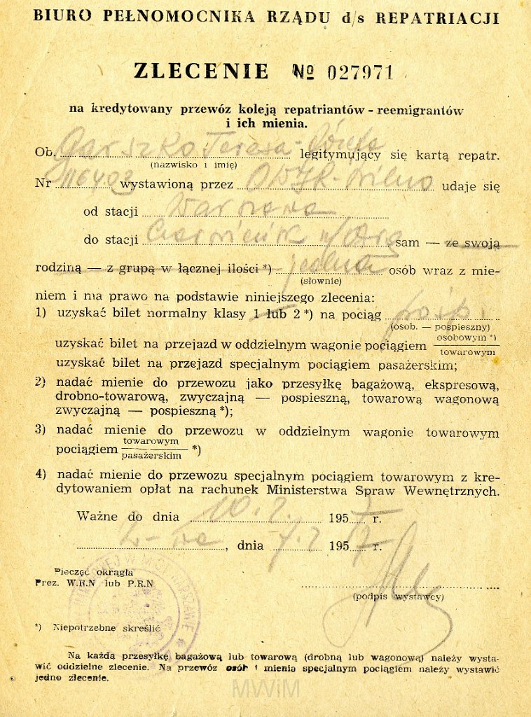 KKE 5803-1.jpg - Dok. Zlecenie na kredytowany przewóz repatriaiantów wystawione przez Biuro Pełnomocnika Rządu do spraw Repatriacji dla Teresy Graszko, Warszawa, 7 II 1957 r.